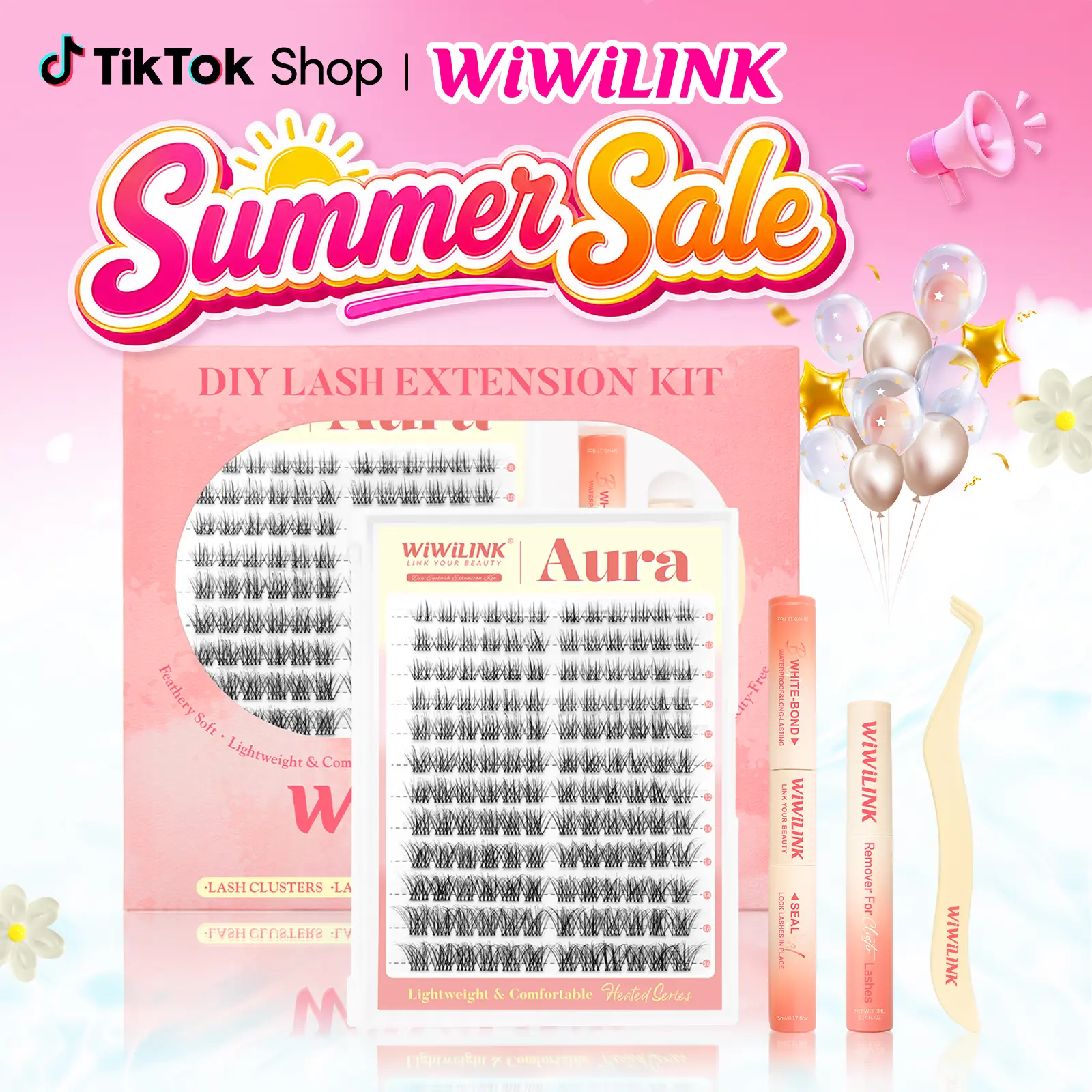 WiWiLINK Aura 3D Cluster Lashes - DIY Lash Extension Kit Ultra-Thin Transparent Bands, C/D Curl, 8-16mm (Includes Bond, Seal & Remover)