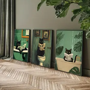 Set of 3 Whimsical Black Cat Bathroom Wall Art Decor Prints, Retro Posters, Cat Lovers Wall Print on Canvas, Frameless Vintage Style Animal Portraits for Home Office, Living Room & Kitchen Decor, Decoration