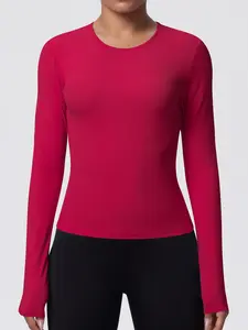 Women's Long Sleeve Moisture-Wicking High Elasticity Round Neck Slim Fit Training Top, Yoga Fitness Pilates Sport T-Shirt