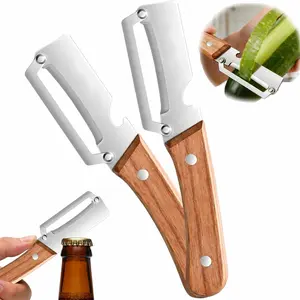 Multifunctional Stainless Steel Kitchen Peeler with Wooden Handle and Bottle Opener, Tool for Vegetables, Apples, Pumpkins (2PCS)