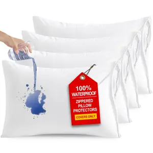 NTBAY 4 Pack Zippered Waterproof Pillow Protectors, Super Soft Quiet Zip Pillow Protectors,Jersey Pure White Waterproof Pillow Cases Covers