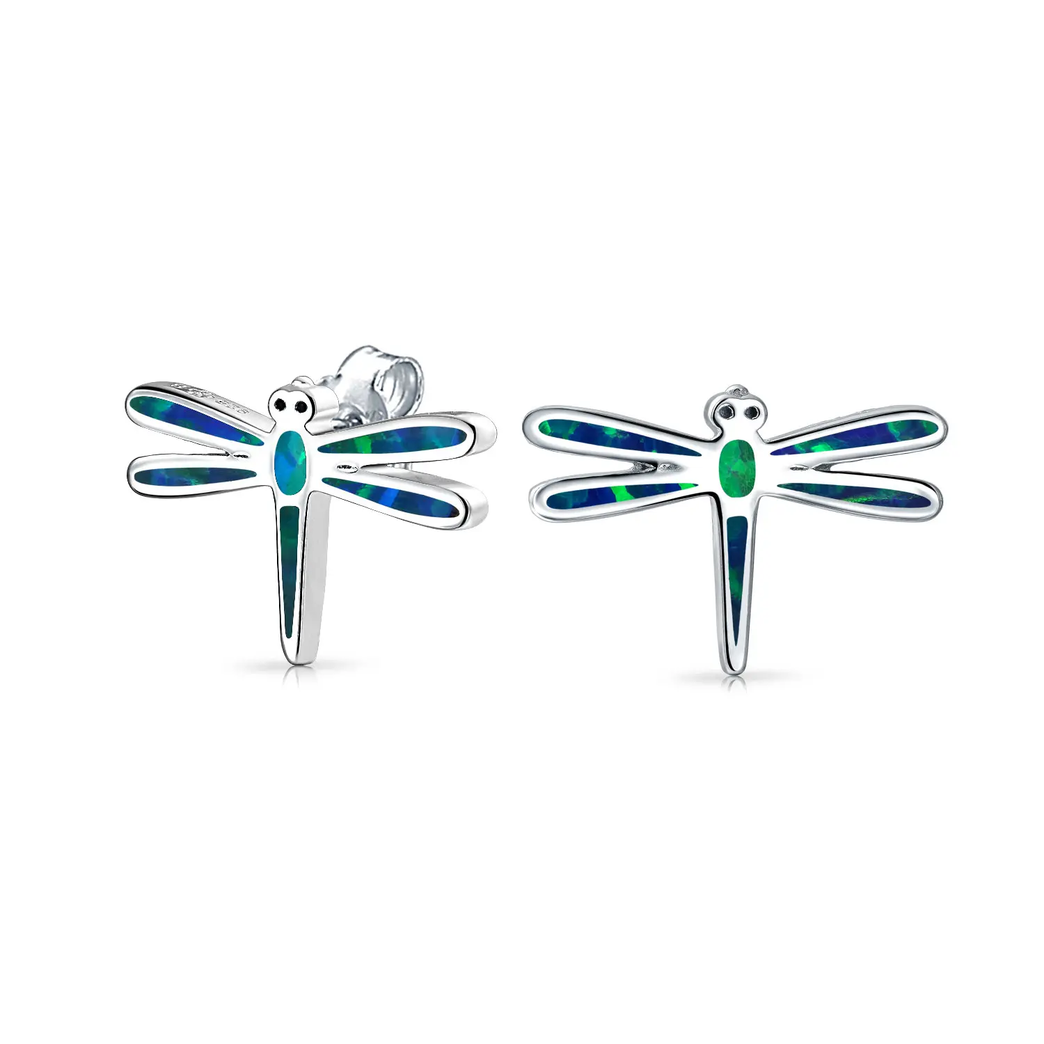 Created Blue Opal Garden Firefly Dragonfly Stud Earrings Sterling Silver