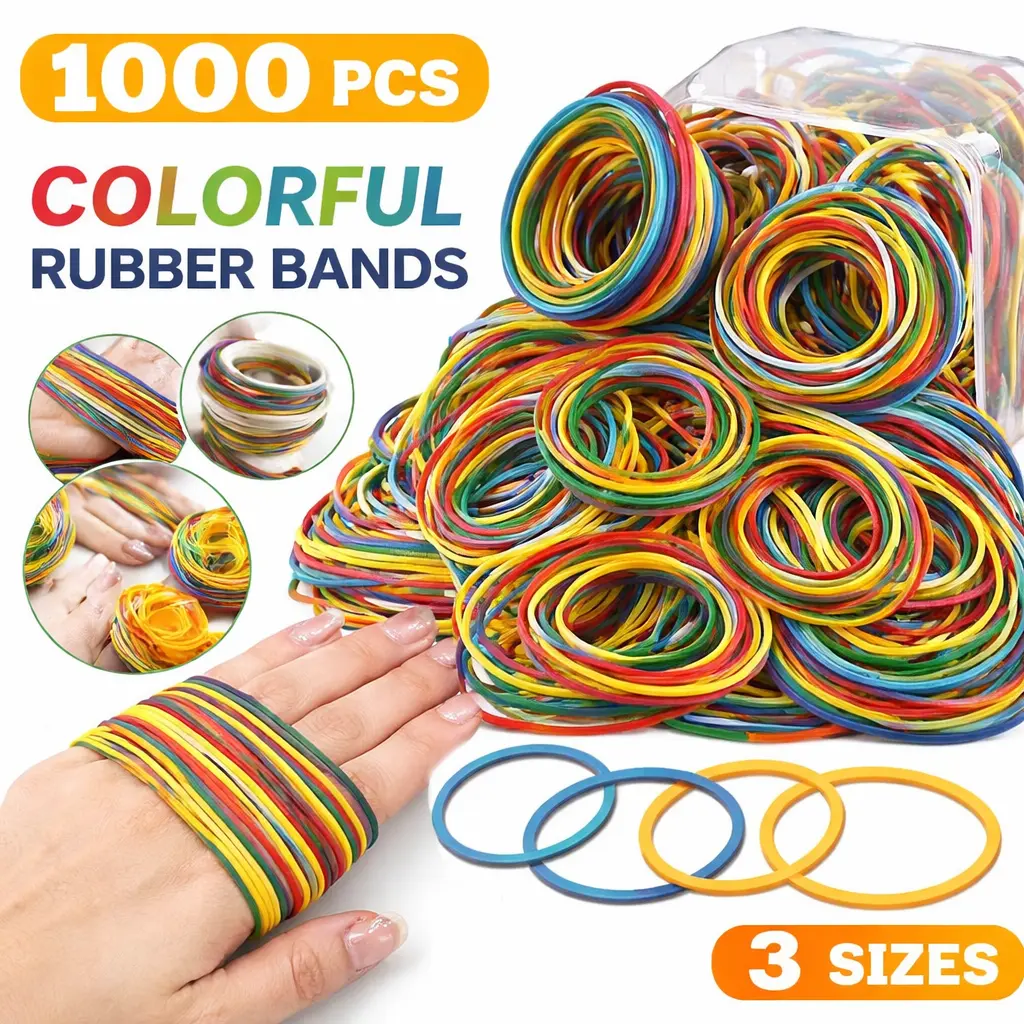 Heavy-Duty Stretchable Rubber Bands Set - 1000-Count Large Pack, Assorted Sizes, Multi-Colors, 25/38/50mm Round Rings for Kitchen, Home Use