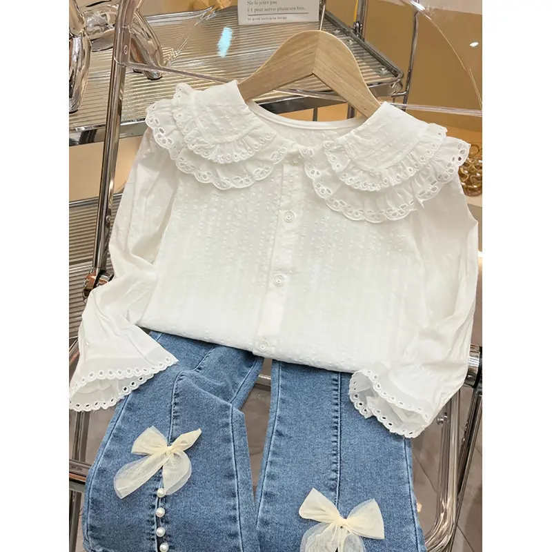 Girls' Long Sleeve Button-Front Blouse - Spring Double-Layer Doll Collar Princess Look Top