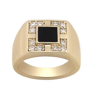 Mens Black Onyx Square Pavé Ring - 14K Gold-Plated