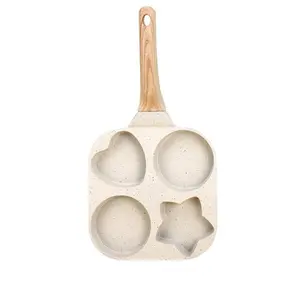 Non-stick Egg Frying Pan 4-hole Heart-Shaped Pancake Pan with Wooden Handle Granite-Style Breakfast Skillet Small Nonstick Pan for Eggs Omelets Toast Pancakes & Crepes Easy-Clean Multifunctional Kitchen Gadget Compact Birthday Gift Idea