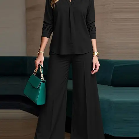 Women's Casual Basic Chic Elegant Solid Color Ruched Set, V-Neck Long Sleeve Blouse and High Waist Wide Leg Pants Design, Perfect for Daily Commuting and Travel Clothes