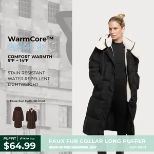 【Last Sale】PUFFIT WarmCore Premium Classic Hooded Long Puffer Coat Women Long Ladies Quilted Outerwear Jacket Big Pocket, Water Repellent  Winter Warm Basic Long Sleeve Tops Coat