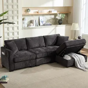 Modern Storage Sofa with Dual USB, 2 Side Pockets,Ottoman Storage Bench Cloud Sectional Chenille Sofa Oversized,4-Seat, L-Shaped Couch (Black)