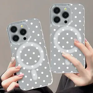 Soft White Polka Dots MagSafe Phone Case For iPhone 17,16,15,14,13,12 Samsung S 20,21,22,23,24,25,26 Ultra Plus Fe Note Edeg Shockproof Protective Jelly Finish MagSafe Cover