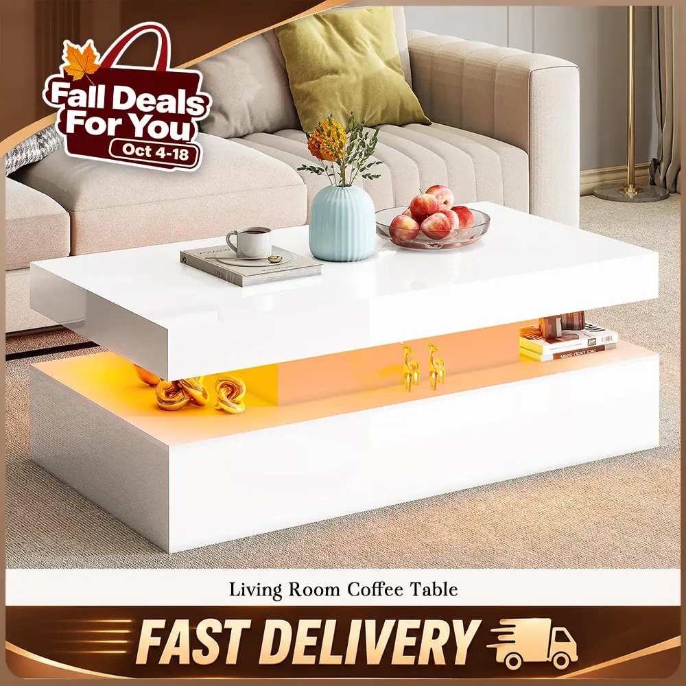 VanAcc High Gloss Coffee Table, Modern 2-Tier Center Table with LED Lights, Open Storage Space, 40in Simple Rectangular Sofa Side Table for Living Room, Office  #TikTokShopBlackFriday #TikTokShopBlackFriday #Chrismas decor