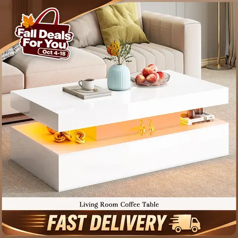 VanAcc High Gloss Coffee Table, Modern 2-Tier Center Table with LED Lights, Open Storage Space, 40in Simple Rectangular Sofa Side Table for Living Room, Office #TikTokShopFallDealsForYou