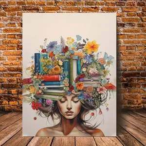 Inspirational Reading Girl with Flowers & Books - Creative Canvas Wall Art, Frameless 12x16" Poster for Home, Office, Cafe Decor bedroom