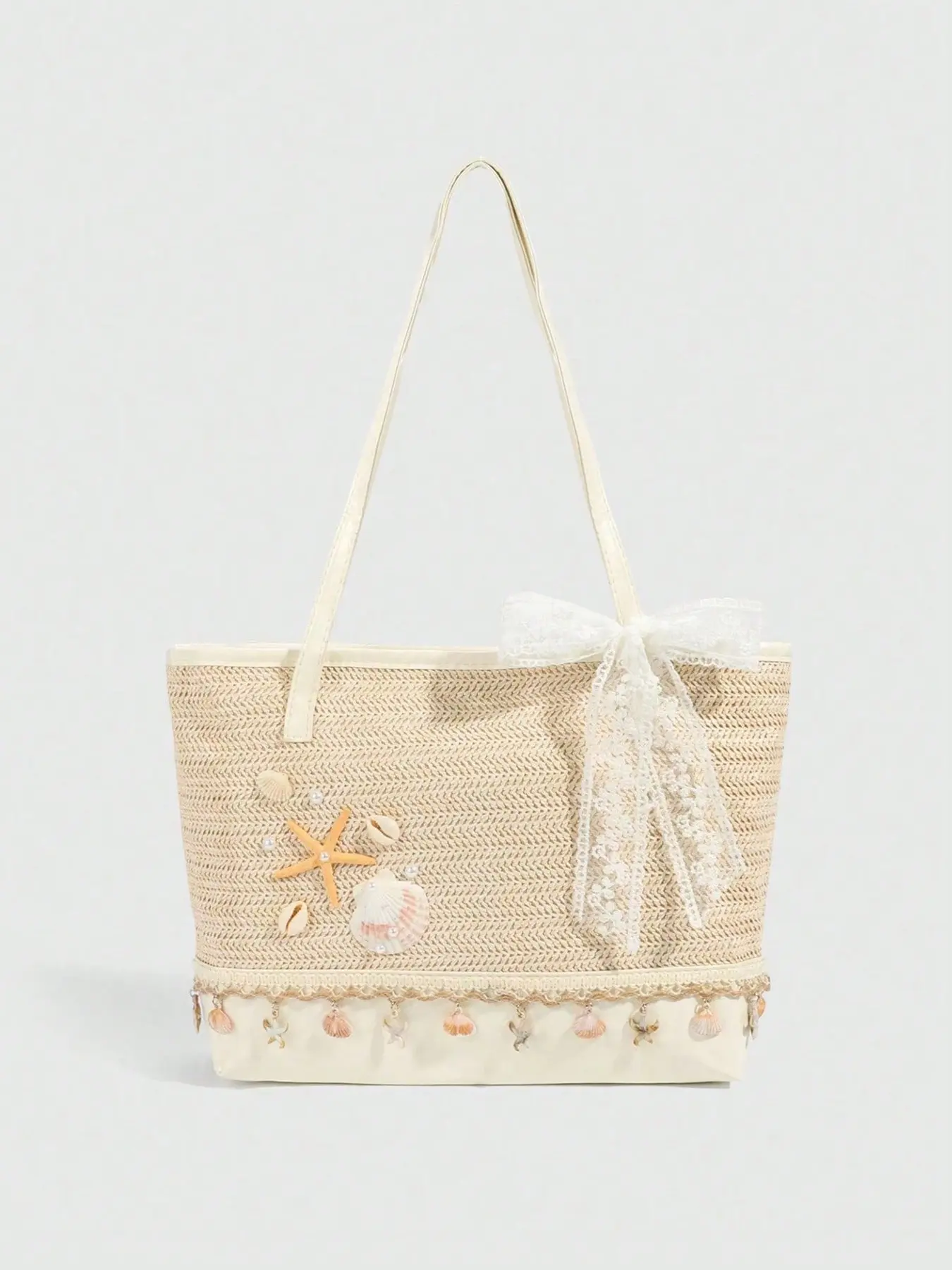 Vacation style minimalist casual woven aesthetic tote bag, Casual Lightweight Bag, Trendy Vintage Bag, decorated with starfish and seashells, lace bow straps, seashell tassel hem, large capacity retro shoulder bag, beach bags suitable for beach play