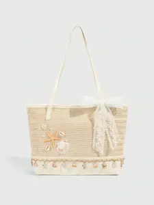 Vacation style minimalist casual woven tote bag, decorated with starfish and seashells, lace bow straps, seashell tassel hem, large capacity fashionable retro personalized shoulder bag, suitable for beach play
