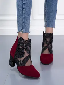 New Plus Size Lace Mesh Cool Boots, Chunky Heel Round Toe Back Zip Short Booties, Vintage Hollow Out Versatile High Heels for Women 35-44