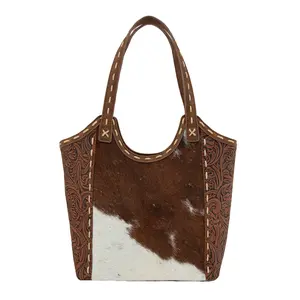 Trinity Ranch Genuine Hair-On Cowhide Tooled Concealed Carry Tote for Women
