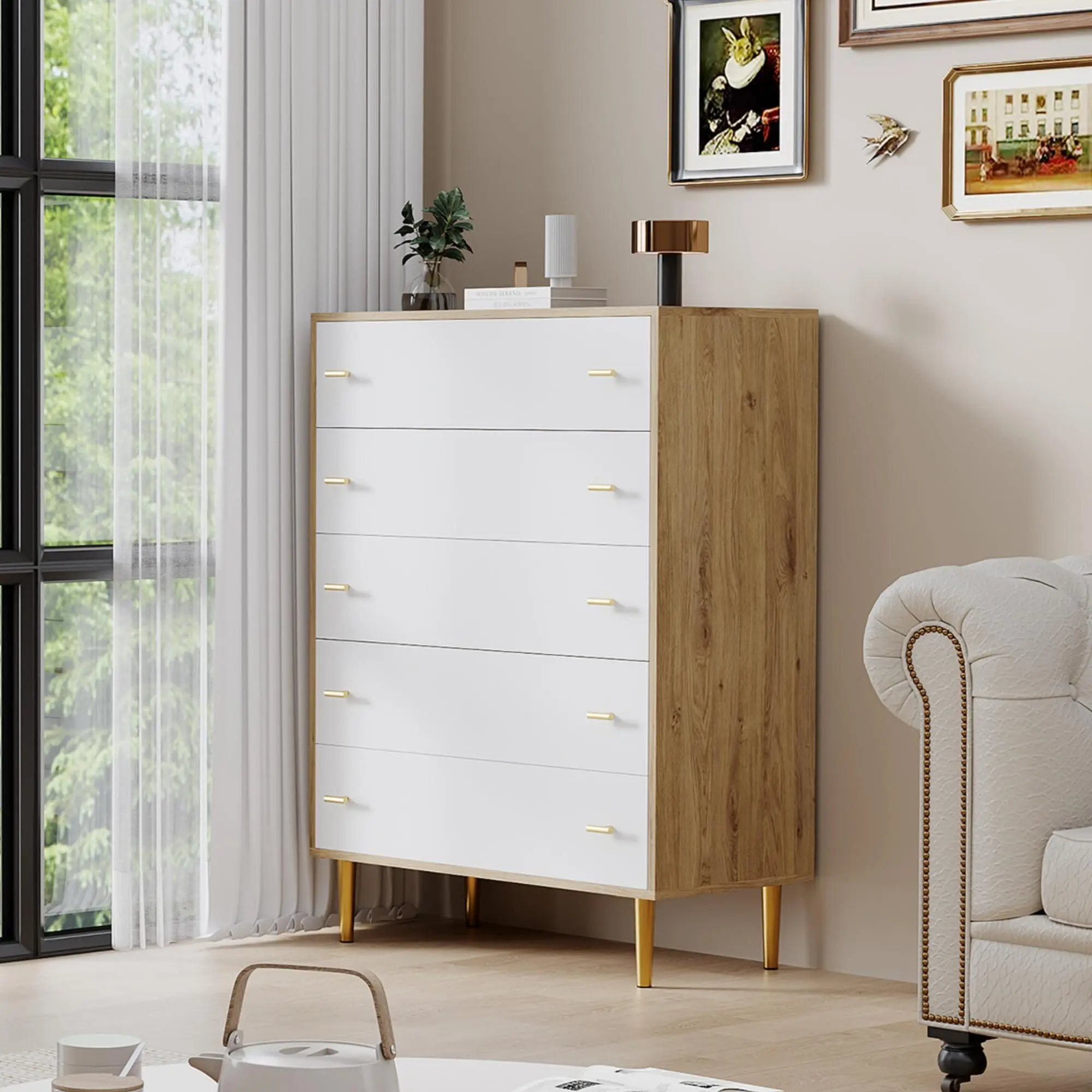 Garvee 5 Drawers Dresser for Bedroom, 44" Tall Wood Rustic Chest of Drawers with Bar Handles, Vintage Design, Storage Dressers Organizer for Bedroom, Living Room, Hallway, Pine+White