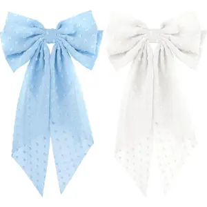 2PCS Large Hair Bows Ribbon Hair Clips, Double Layers Big Bow Hair Clip With Long Tail Ribbon Bowknot Hair Barrettes, Ponytail Holder Hair Accessories for Women Girls (Blue+Pink)