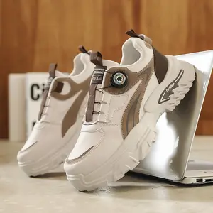 Men's Rotary Lace Chunky Sneakers | Quick-Wear Waterproof PU Leather Shoes | Non-Slip PVC Thick Sole for Students & Streetwear | Fashionable Height-Increasing Walking Shoes