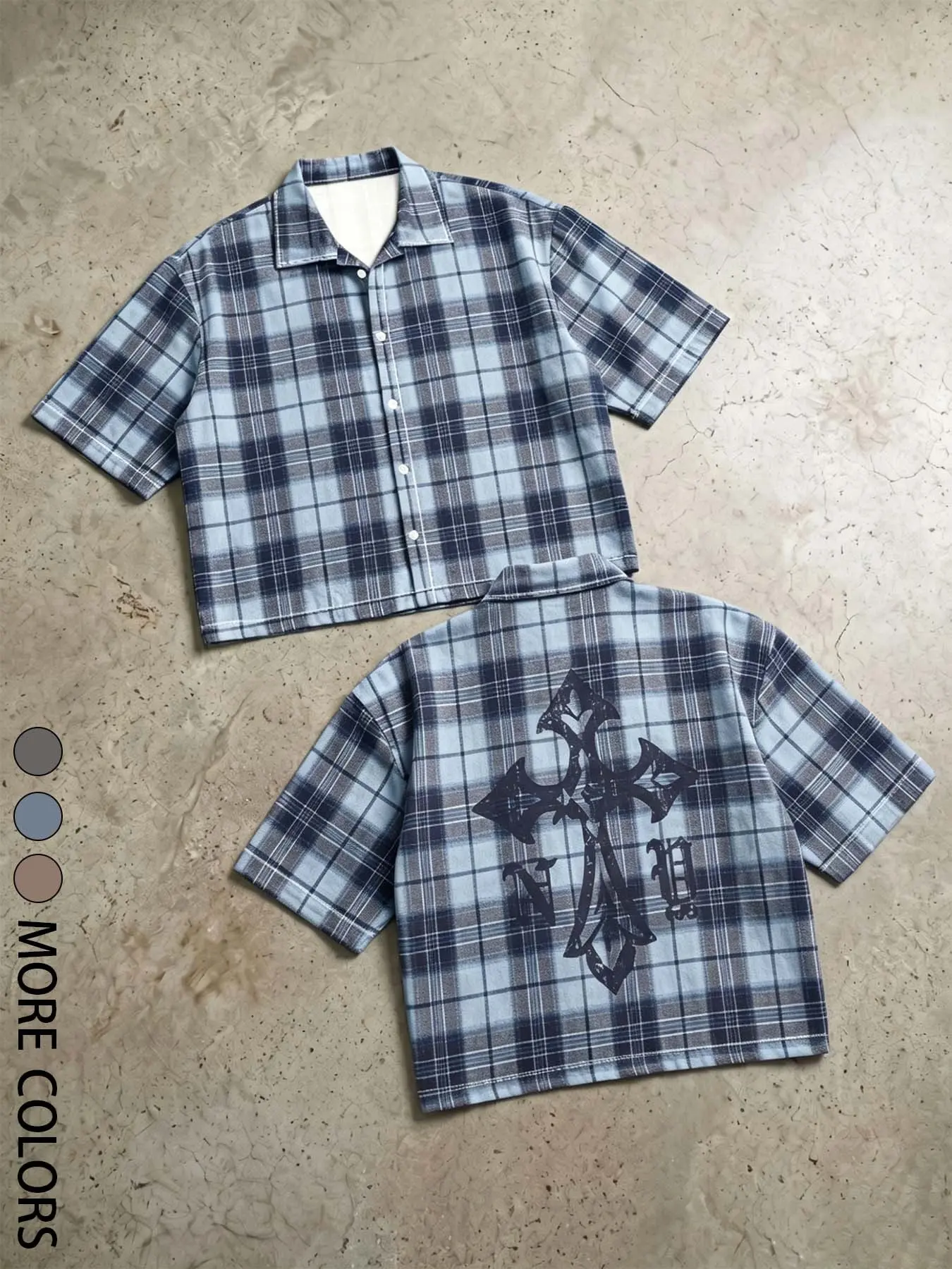 Retro Cross Pattern Classic Plaid Checkered Cut Casual Collared Shirt - Men's Y2K Brown Checkered Short Sleeve Button, Retro Street Casual Streetwear, Fashion Top with Gothic Back Pattern, Casual Wear Clothes. More colors to choose from!
