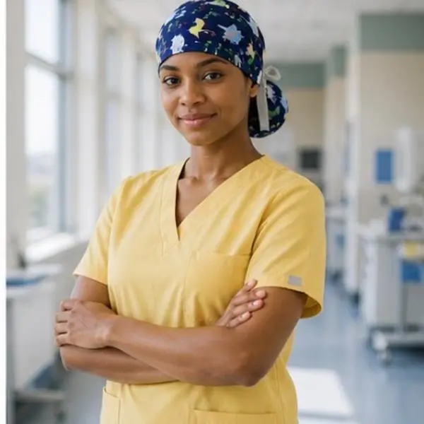 Long Hair Nurse Scrub Cap – Adjustable Bouffant Surgical Cap with Bun Pocket & Tie-Back Bow