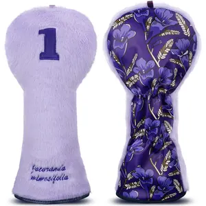Jacaranda Purple Golf Driver Head Cover - Plush Front, Leather Back, Personalized Design for Women