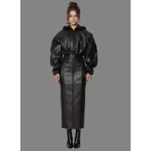 Karina PU Jacket with Hoodie Fitted Long Sleeve Drop Shoulder Casual All Seasons Medium Length Plain Style Women's Outerwear