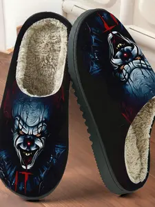 Halloween Horror Clown Slippers, Plush Lined Anti-Slip Thick Sole, Casual Home Warm Shoes for Fall & Winter, Geometric Pattern