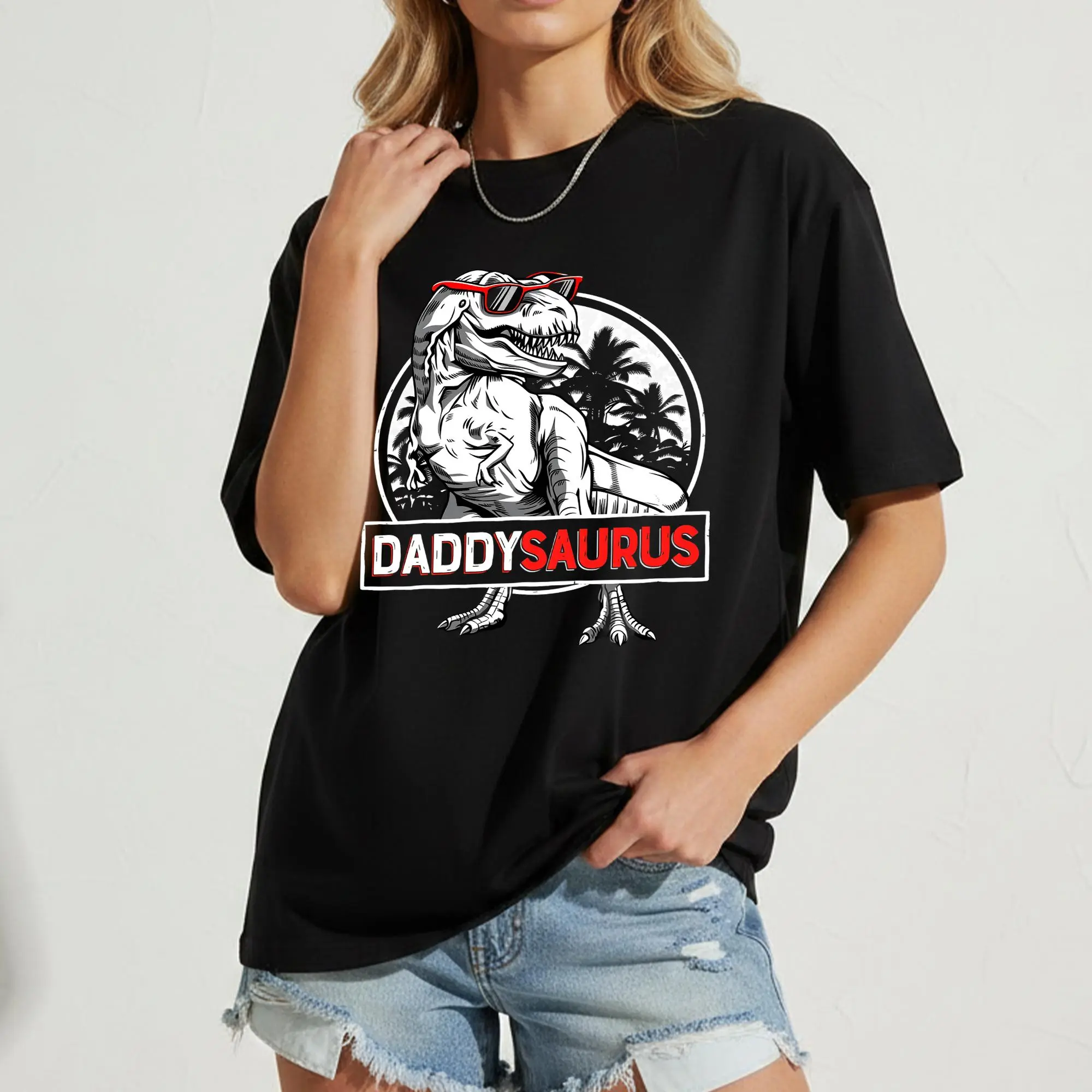 Mama Daddy saurus T rex Dinosaur Funny  Family Women's T-Shirts Funny Graphic Design Casual Short Sleeve Top Tees