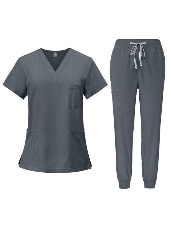 Women's Handwashing Suit Set, Uniforms, V Neck Quick-Dry Breathable Top, Slight Stretch Straight Leg Pants, Multi-Pocket Design, Hospital Clinic Home Wear