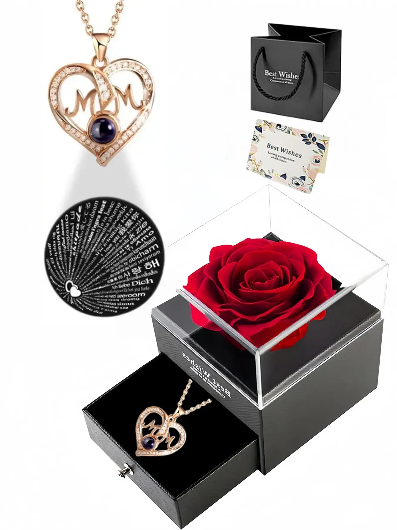 Mom Necklace for Women, 100 Languages I Love You Projection Heart Necklace with Rose Gift Box, Meaningful Birthday Christmas Mother’s Day Gift for Mom Grandma