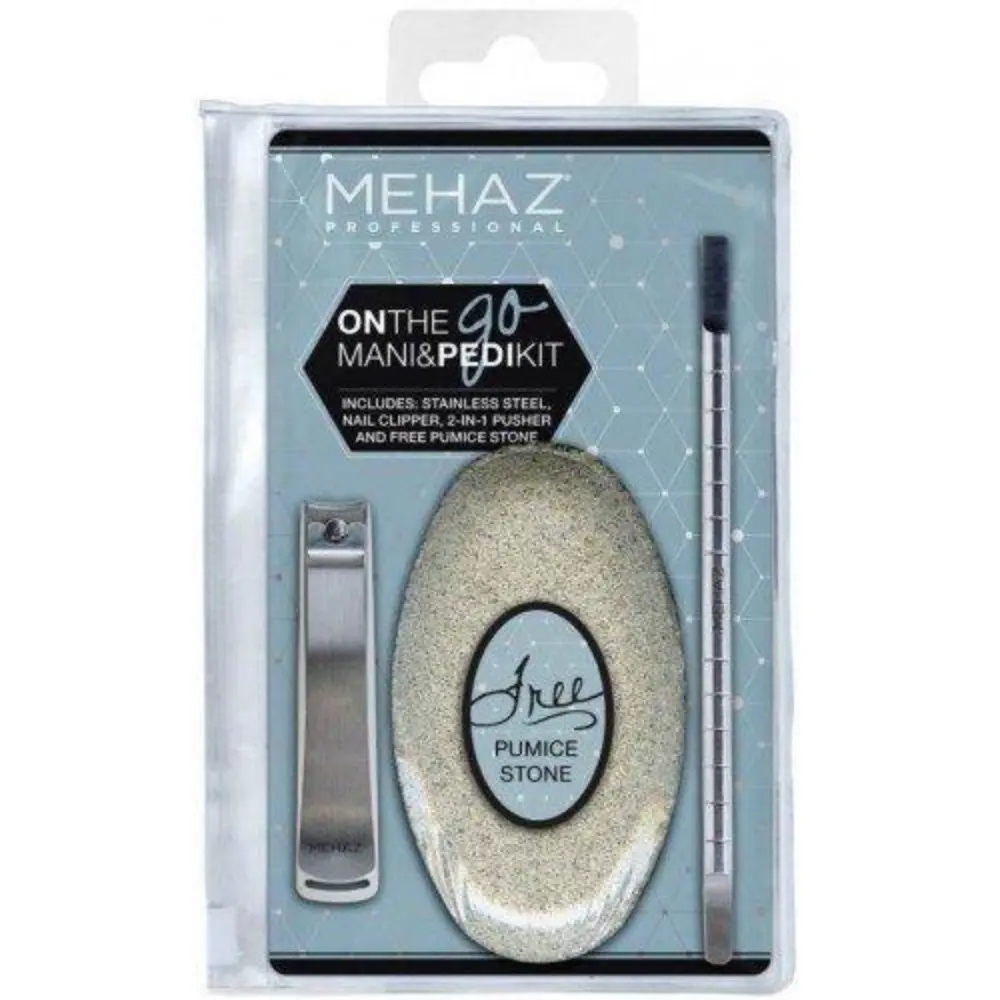 Mehaz Stainless Steel Manicure and Pedicure Kit, 3-Piece Travel Set for Nail & Cuticle Care with Clipper, Pusher & Pumice Stone, Cutics