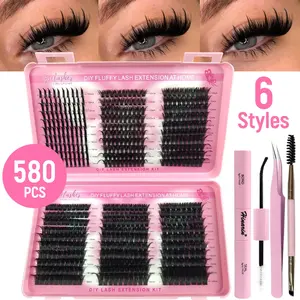 580 Piece D Curl Russian False Eyelashes Set, Fairy Hair, 50D/60D/80D/100D/120D Dense, DIY Lash Extensions, Fluffy Lash Clusters, Natural Look, Volume lashes With Lash Bond & Lash Seal Tweezers And Brush