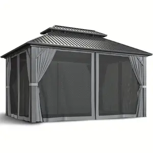 10x14ft Heavy Duty Hardtop Gazebo with Galvanized Steel Double Roof & Mosquito Netting - Extra Large Canopy with Zippered Sidewalls,, Easy Assembly - Ideal for Patio, Garden, Backyard - Ideal for Parties, BBQs, - Grey All-Weather Shelter