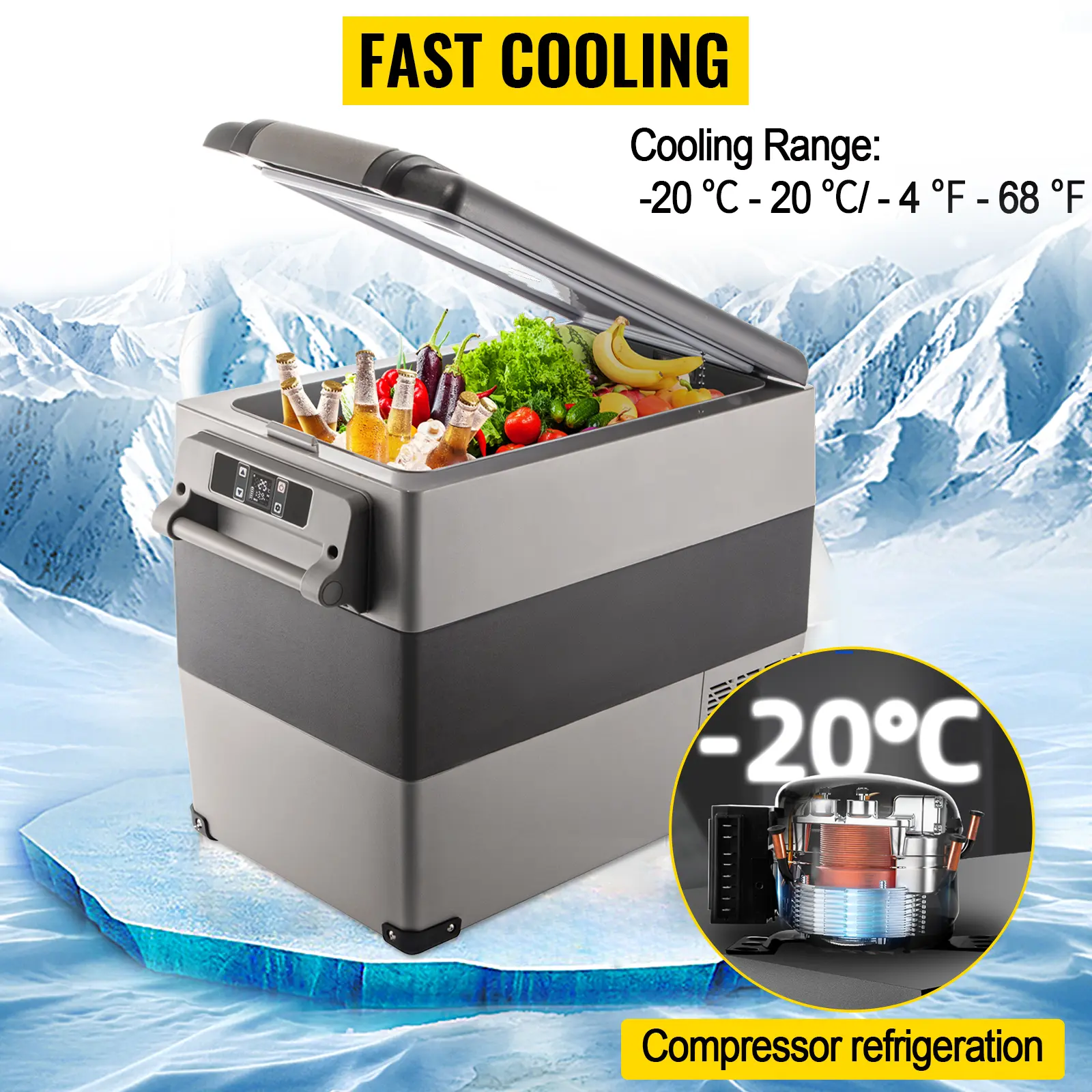 55L Portable Refrigerator & Freezer 12V Car Fridge with Compressor, Fast Cooling -20°F to 68°F, Dual Zone, 3-Level Battery Protection, for Truck RV Camper Boat Home and Outdoor Use