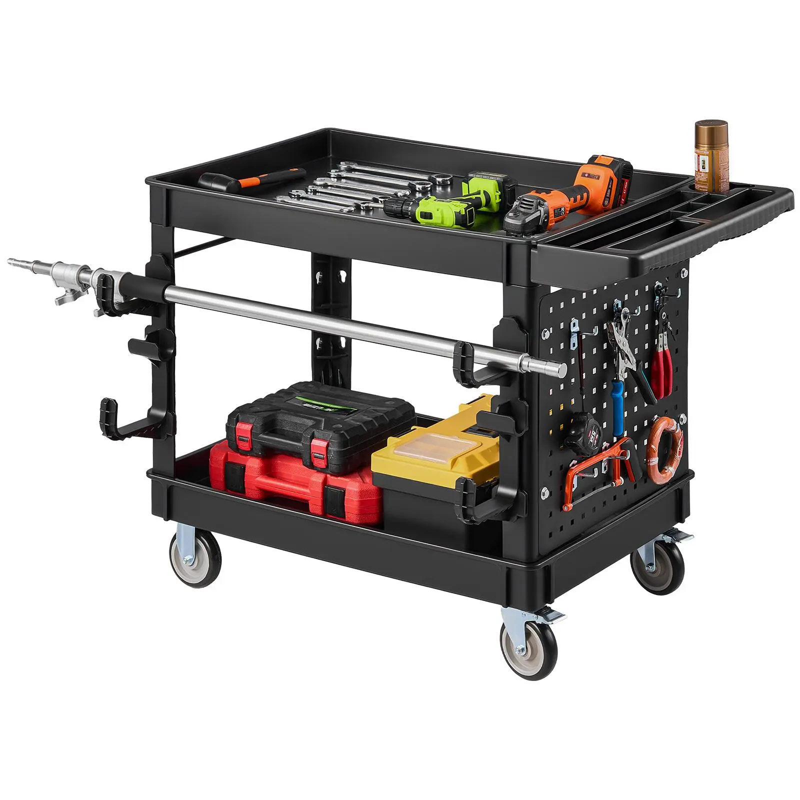 【Summerfinds】VEVOR Heavy-Duty Polyethylene Utility Cart Organizer, 550 lbs Capacity 2-Tier Service Cart with 360° Swivel Wheels, 2 Fixed Braking Wheels, Tray, Pegboard & Garage Storage Racks, Heavy Duty Polyethylene Utility Carts