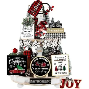 Christmas Themed Tiered Tray Decorations, 15pcs/set Snowman & Snowflake & Truck & Merry Letter Pattern Ornaments, Home Decor for Living Room & Dining Table