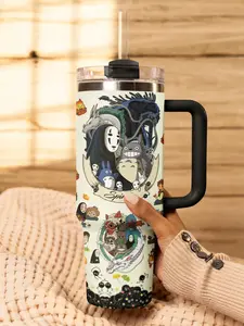 Studio Ghibli Insulated Stainless Steel Water Bottles Set - 40oz Tumbler with Handle & Lid, 20oz Skinny Curved Tumbler, Anime Totoro/No Face/Calcifer Drink Mug with Straw, Fan Gift Idea