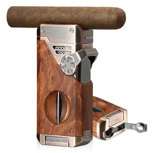 Cigar Torch Lighter Quad Flame - Refillable Jet Butane Windproof Lighter with Cutter, Punch & Fuel Window (Without Butane) - Premium Gift for Men, Outdoor Smoking, Portable Use