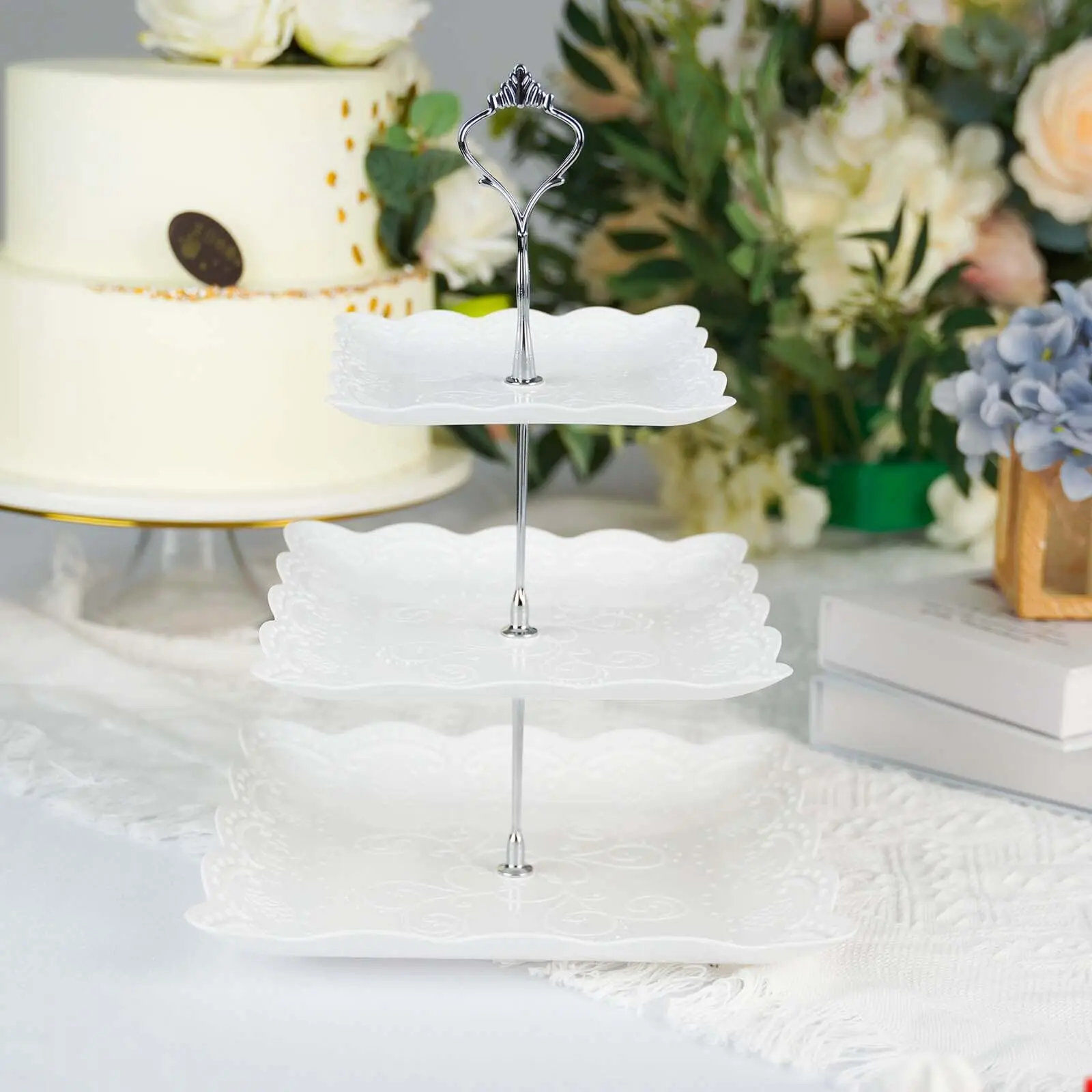 3-Tier Plastic Square Cupcake Stand Tower 13" White with Floral Embossed Scalloped Rim & Silver Handle - Lightweight Disposable Dessert Display Serving Tray Platter for Weddings & Parties
