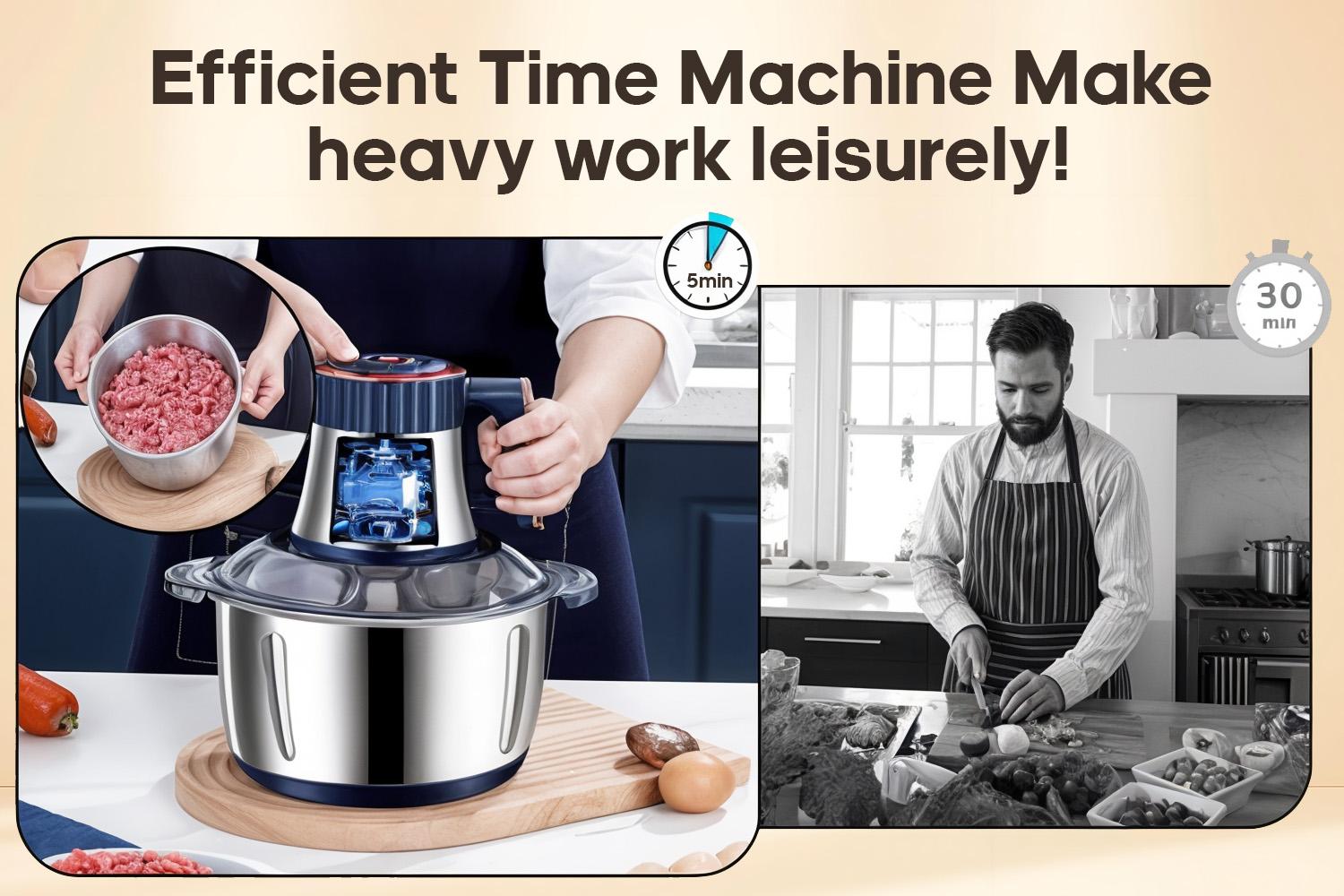 5-liter electric food processor features a stainless steel mixing bowl, is multi-functional, and can be used to process meats, vegetables, fruits, and nuts. It includes a plastic scraper, has a compact design, and is easy to use.