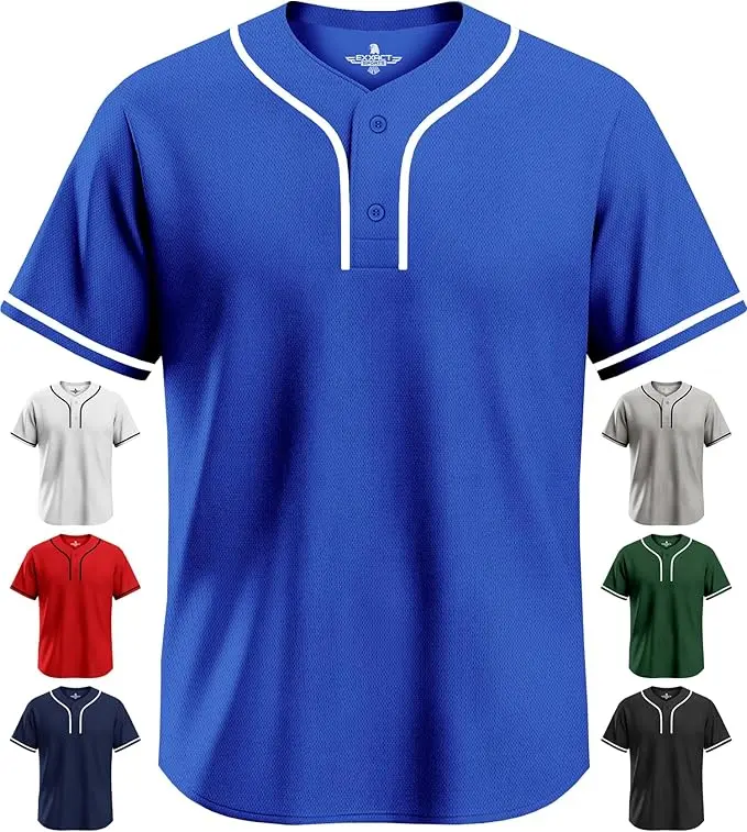 Exxact Sports Blank Baseball Jersey Men, 2-Button Plain Baseball Jersey, Sports Uniforms Women Softball Jersey Men - (Royal Blue, A)