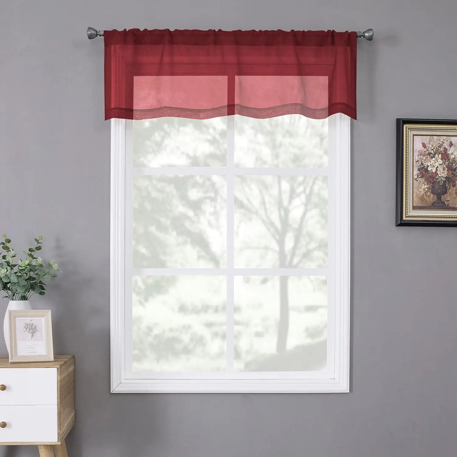 Sheer Valance Linen Textured Bedroom Valance Curtains Sheer Light Filtering Rod Pocket Voile Curtain Valances for Living Room, 54 x 16 inches Long, Burgundy Red, Set of 1 Panel