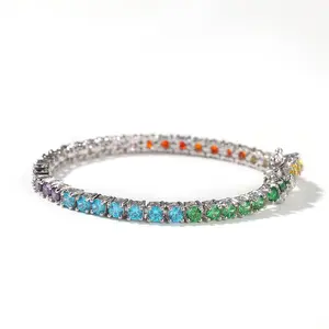 Colorful Geometric Tennis Bracelet - Unisex Iced Out Hip Hop Bling, Copper Chain with Square-Set Cubic Zirconia, Bangle