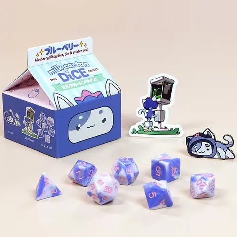 1985 Games Blueberry Strawberry Kawaii Kitty Fruit-Themed Collectible Polyhedral RPG Dice Set - Unisex 1-Pack 7-Piece 14-20mm Milk Carton Acrylic Kit with Sticker, Enamel Pin, Box (12+ Years, D&D-Compatible, Collectible Appeal, Back to School/Birthdays)