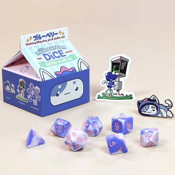 1985 Games Blueberry Kawaii Cat Dice Set 1-Pack | 7-Piece Acrylic Milk Carton-Inspired Polyhedral RPG Dice with Sticker & Enamel Pin – Compatible with D&D, Pathfinder, MTG & Tabletop Role-Playing Games