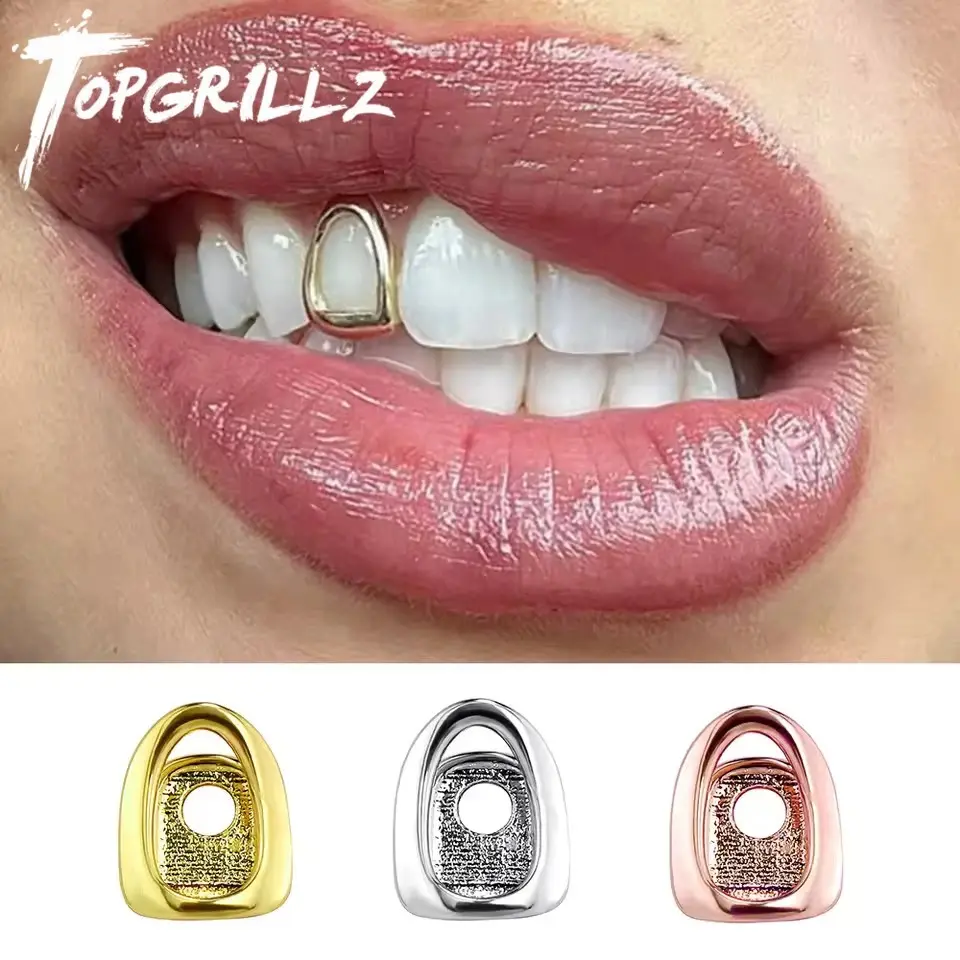 Hip Hop Single Hollow Teeth Caps For Women Men Braces Simple Glossy Tooth Grills Jewelry Cosplay Dental Grillz