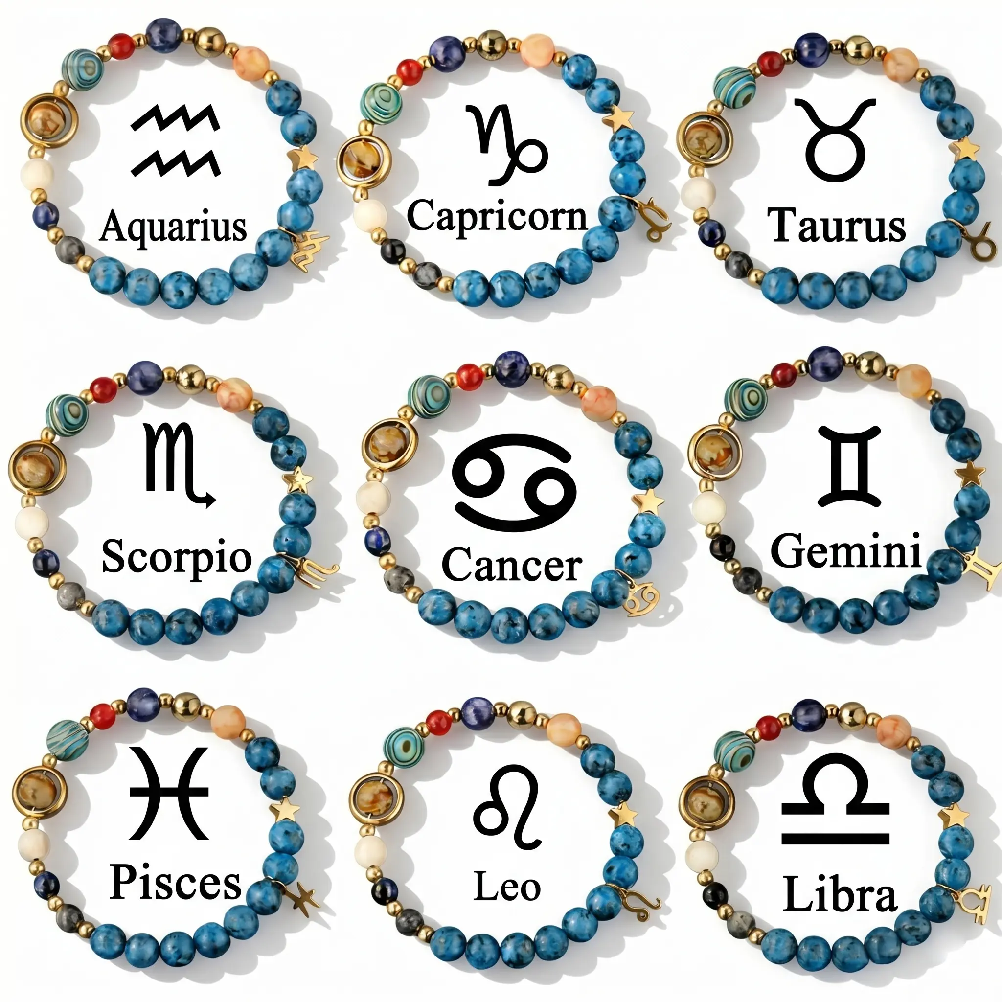 Non-Natural Crystal Solar System Zodiac Bracelet for Men & Women - Space, Aries, Casual Jewelry, Graduation/Birthday Back-to-School Gift for Girlfriend, Versatile Accessory