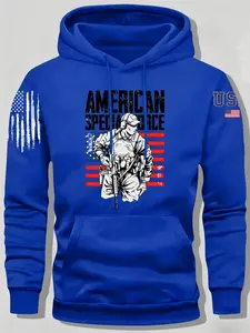 Vintage American Military Style Special Forces Hoodie, Flag Print Loose Casual Top, Fitted Cartoon Pattern, Fall & Winter Wear